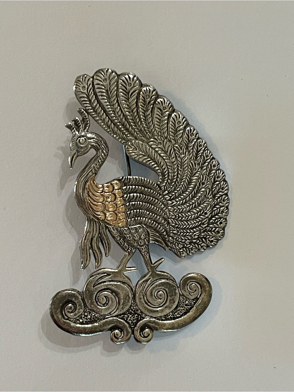 Vintage 925 Sterling Silver & Gold Vermeil Peacock Brooch Pin - Mid-Century